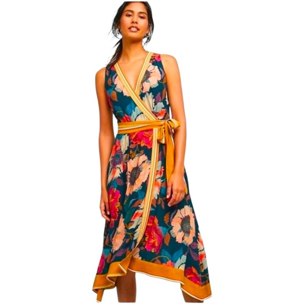 Maeve Teal Floral Midi Dress with Mustard Trim